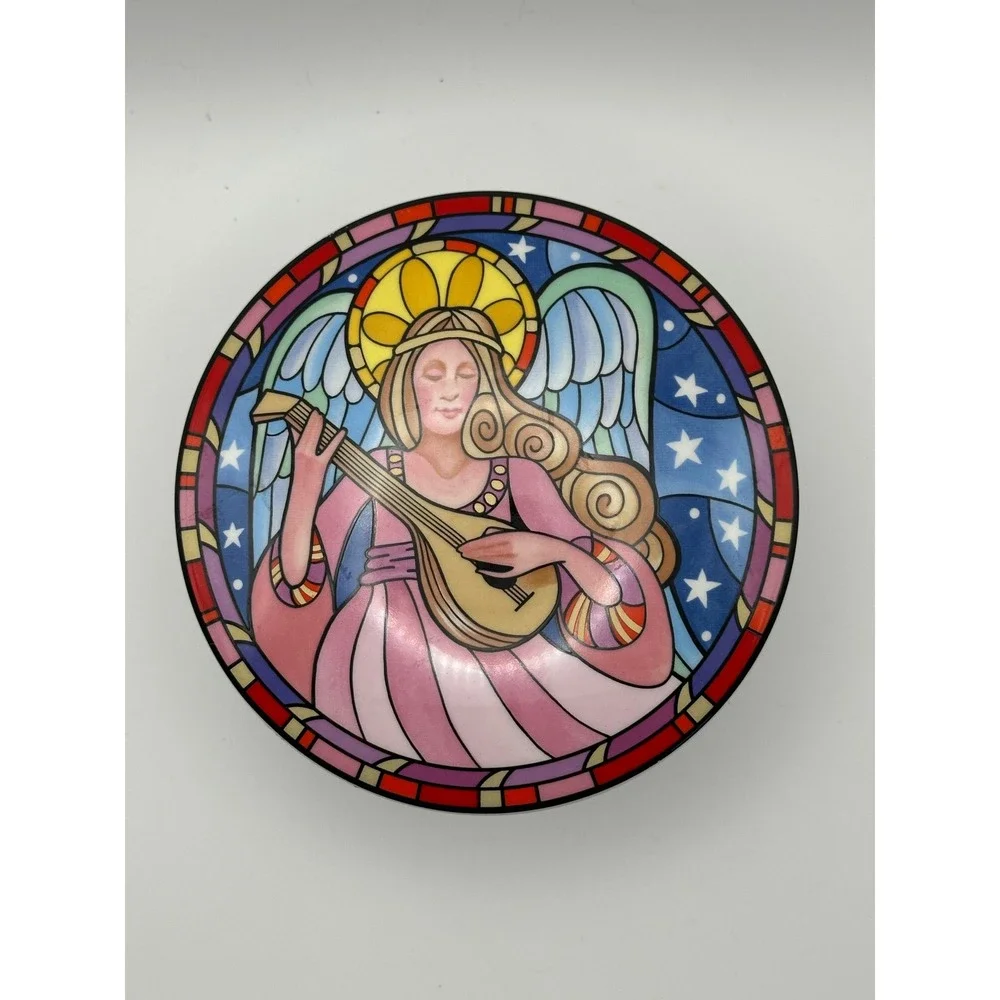 Mikasa Herald Angel‎ Trinket Box Dan Scannell FX078 Stained Glass Ceramic Japan